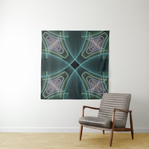Modern Teal Geometric Fractal Art Graphic Tapestry