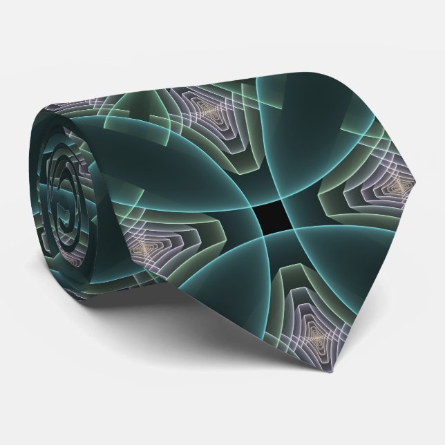 Modern Teal Geometric Fractal Art Graphic Tie (Rolled)