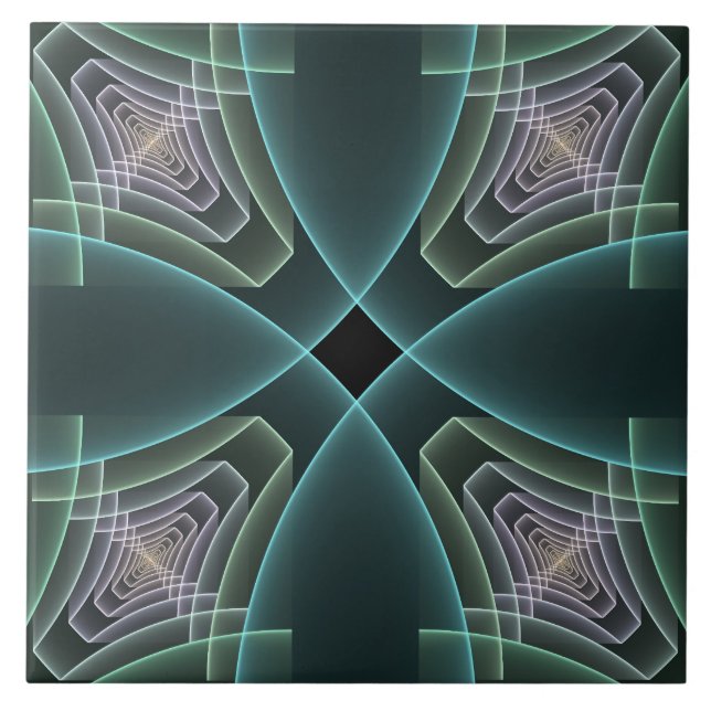 Modern Teal Geometric Fractal Art Graphic Tile (Front)
