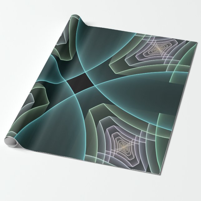 Modern Teal Geometric Fractal Art Graphic Wrapping Paper (Unrolled)
