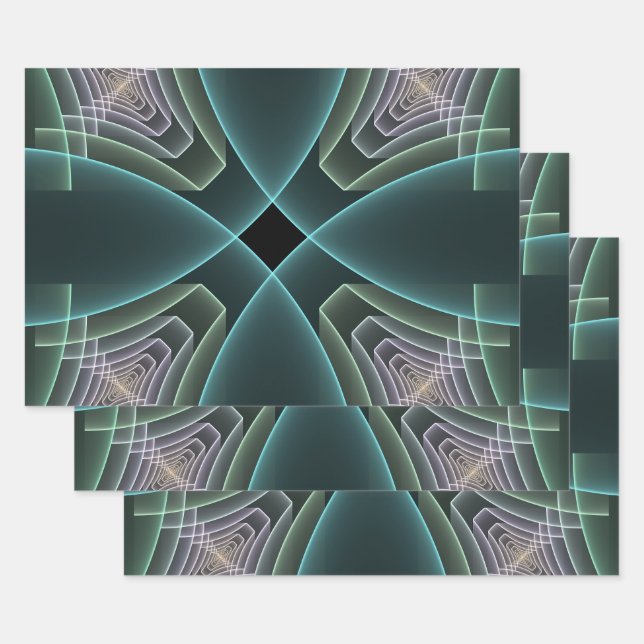 Modern Teal Geometric Fractal Art Graphic Wrapping Paper Sheet (Set)