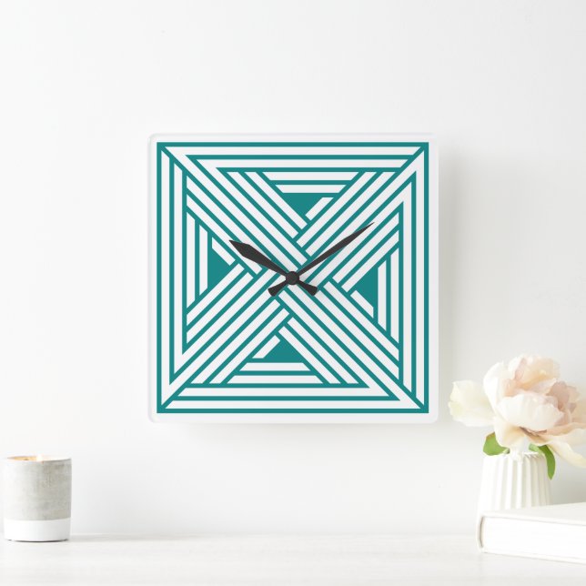 Modern Teal Geometric Line Art Abstract Pattern Square Wall Clock (Home)