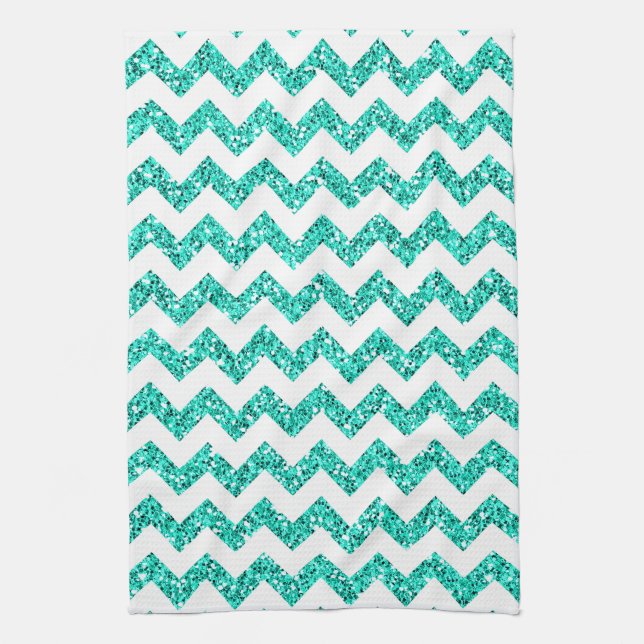 Modern Teal Glitter Chevron Kitchen Dish Towel (Vertical)