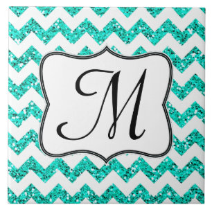Modern Teal Glitter Chevron Monogram Display Tile