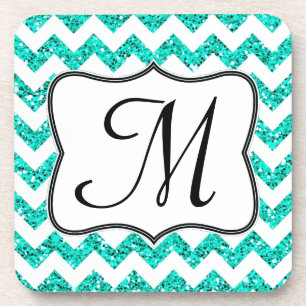 Modern Teal Glitter Chevron Monogram Drink Coaster
