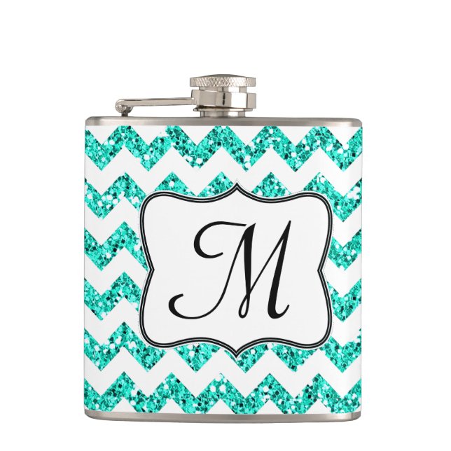 Modern Teal Glitter Chevron Monogram Whiskey Flask (Front)