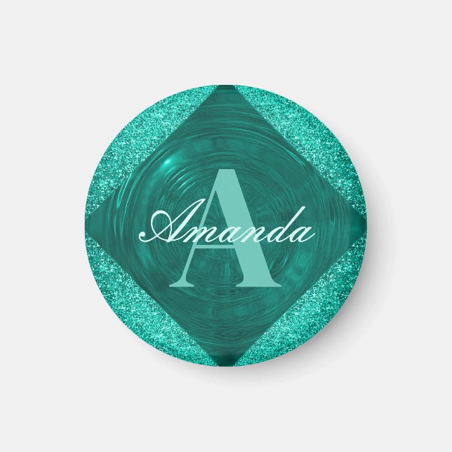 Modern Teal Glitter Girly Monogram Magnet (Front)