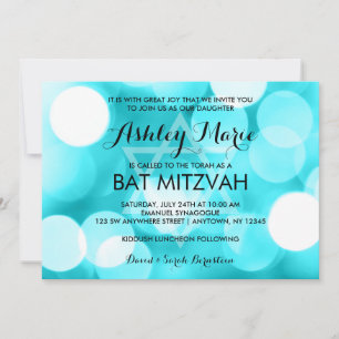 Modern Teal Glitter Lights Bat Mitzvah Invitations