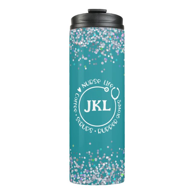 Modern Teal  Glitter Monogram Stethoscope Nurse   Thermal Tumbler (Front)