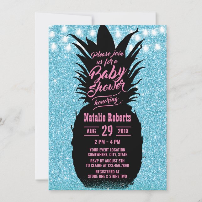 Modern Teal Glitter Pineapple Luau Baby Shower Invitation (Front)