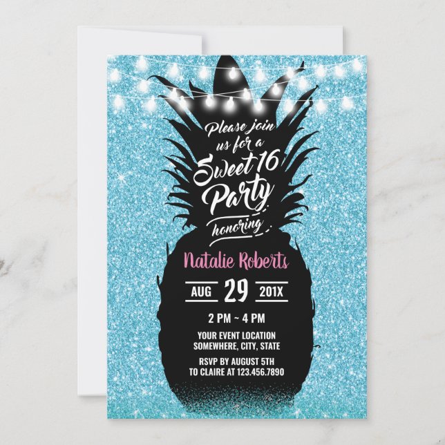 Modern Teal Glitter Pineapple Sweet 16 Birthday Invitation (Front)