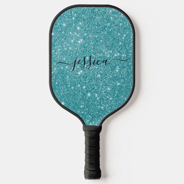 Modern teal glitter script name pickleball paddle (Front)