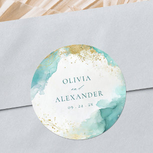 Modern Teal Gold Abstract Beach Wedding  Classic Round Sticker
