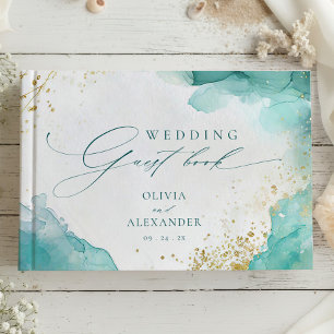 Modern Teal Gold Abstract Beach Wedding Guest Book