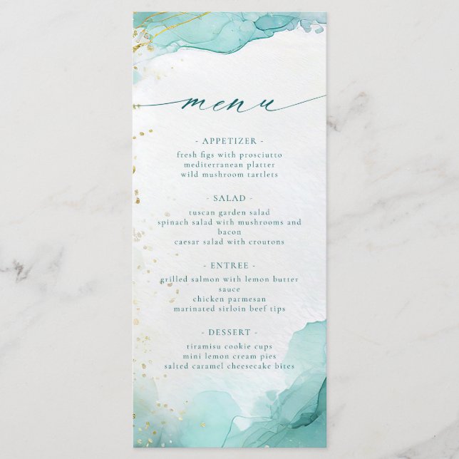 Modern Teal Gold Abstract Beach Wedding Menu (Front)