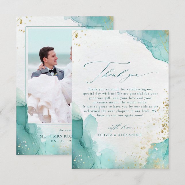 Modern Teal Gold Abstract Beach Wedding Photo Thank You Card (Front/Back)