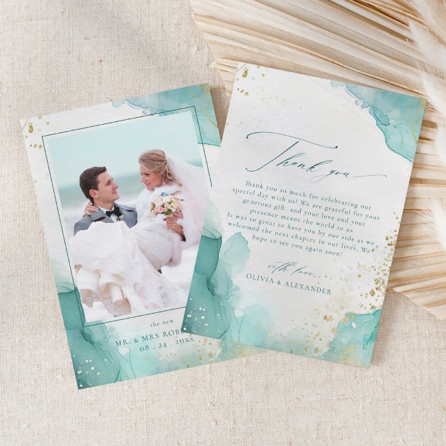 Modern Teal Gold Abstract Beach Wedding Photo Thank You Card (Creator Uploaded)