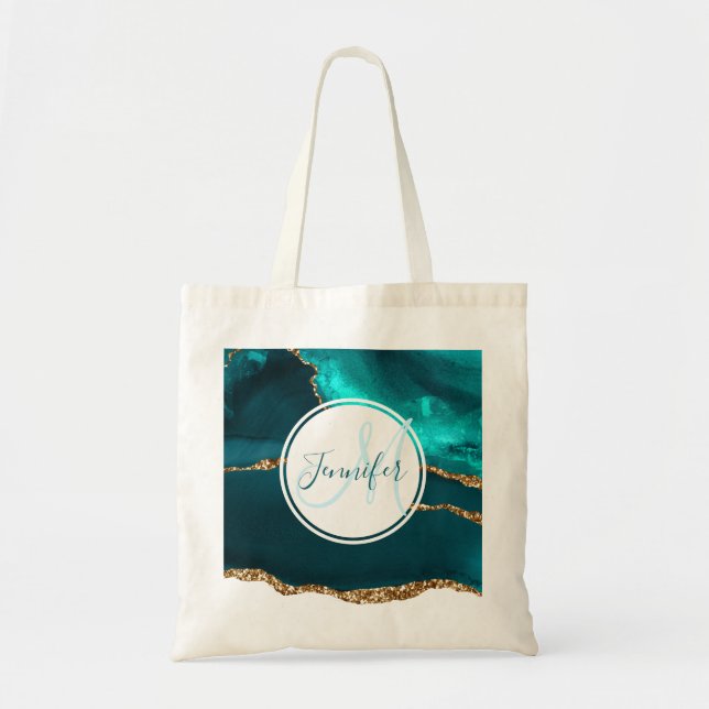 Modern Teal & Gold Agate Abstract Monogram Tote Bag (Front)