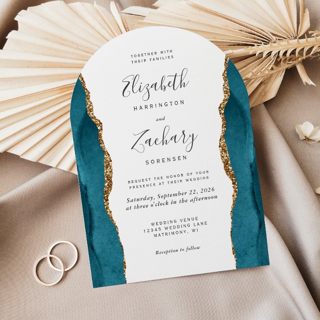 Modern Teal Gold Agate Arch Wedding Invitation (Creator Uploaded)