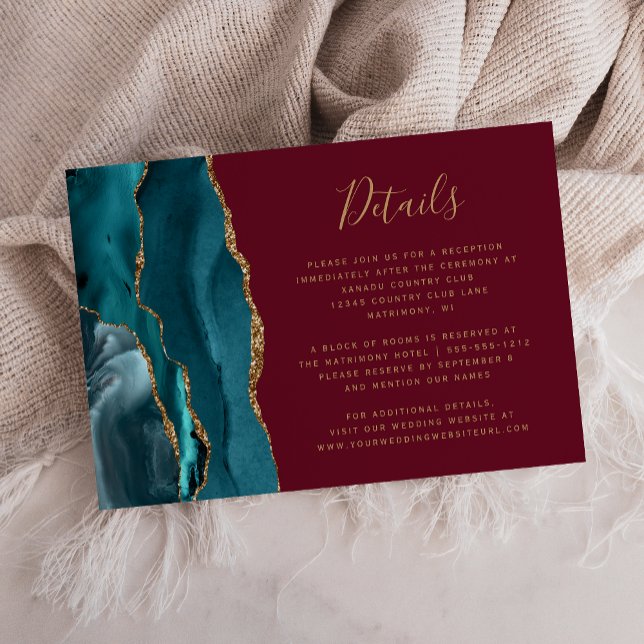Modern Teal Gold Agate Burgundy Wedding Details Enclosure Card (Creator Uploaded)