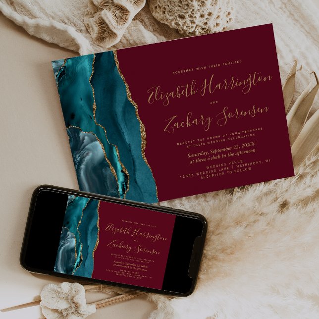 Modern Teal Gold Agate Burgundy Wedding Invitation (Creator Uploaded)