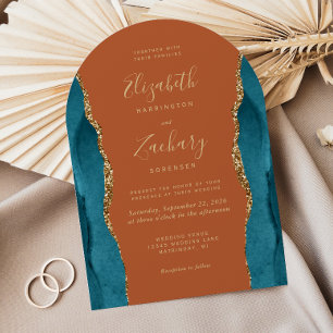 Modern Teal Gold Agate Burnt Orange Arch Wedding Invitation