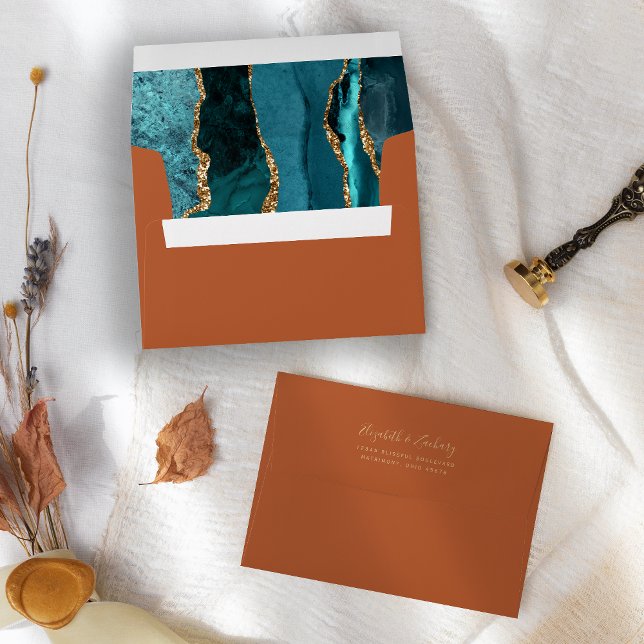 Modern Teal Gold Agate Burnt Orange Wedding Envelope (Creator Uploaded)