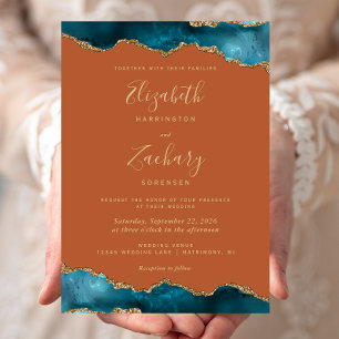 Modern Teal Gold Agate Burnt Orange Wedding Invitation
