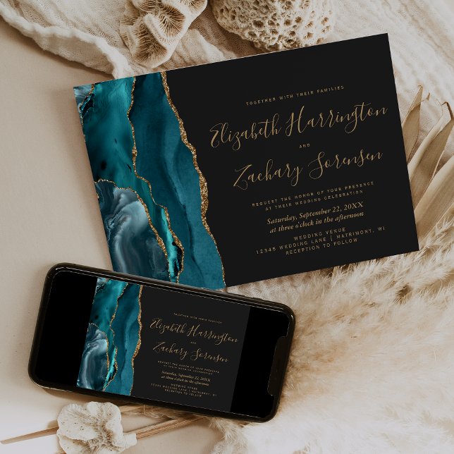 Modern Teal Gold Agate Dark Wedding Invitation (Creator Uploaded)
