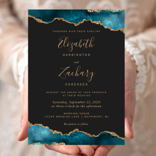 Modern Teal Gold Agate Dark Wedding Invitation