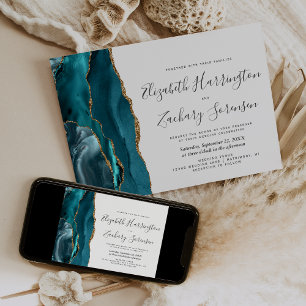 Modern Teal Gold Agate Horizontal Wedding Invitation