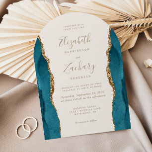 Modern Teal Gold Agate Ivory Arch Wedding Invitation