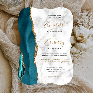 Modern Teal Gold Agate Marble Bracket Wedding Invitation