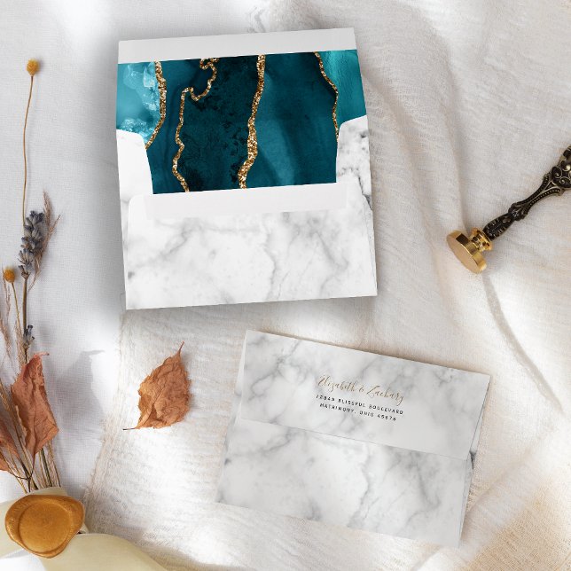 Modern Teal Gold Agate Marble Wedding Envelope (Creator Uploaded)