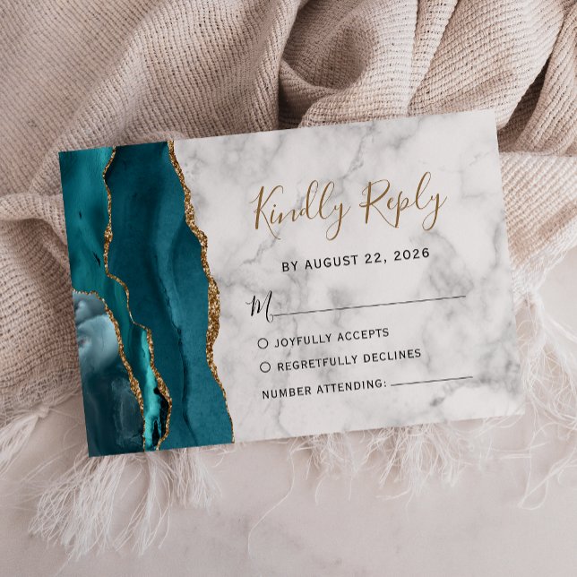 Modern Teal Gold Agate Marble Wedding RSVP Card (Creator Uploaded)
