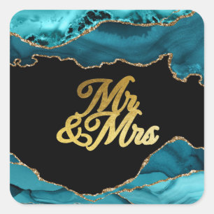 Modern Teal Gold Agate Mr. & Mrs. Wedding Square Sticker