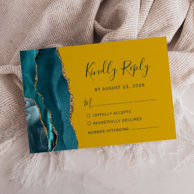 Modern Teal Gold Agate Mustard Wedding RSVP Card (Creator Uploaded)