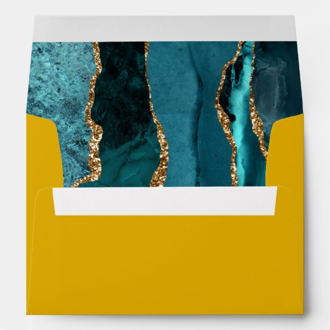 Modern Teal Gold Agate Mustard Yellow Wedding Envelope (Back (Bottom))