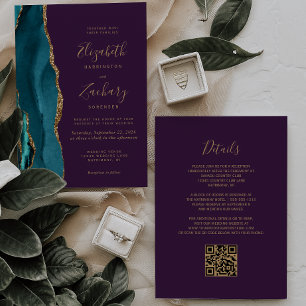 Modern Teal Gold Agate Purple QR Code Wedding Invitation