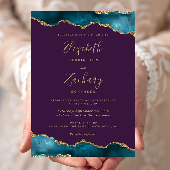 Modern Teal Gold Agate Purple Wedding Invitation (Creator Uploaded)