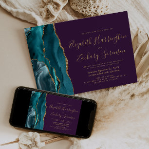 Modern Teal Gold Agate Purple Wedding Invitation