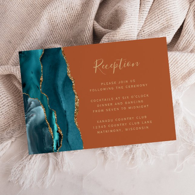 Modern Teal Gold Agate Rust Wedding Reception Enclosure Card (Creator Uploaded)