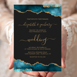 Modern Teal Gold Agate Script Dark Wedding Invitation