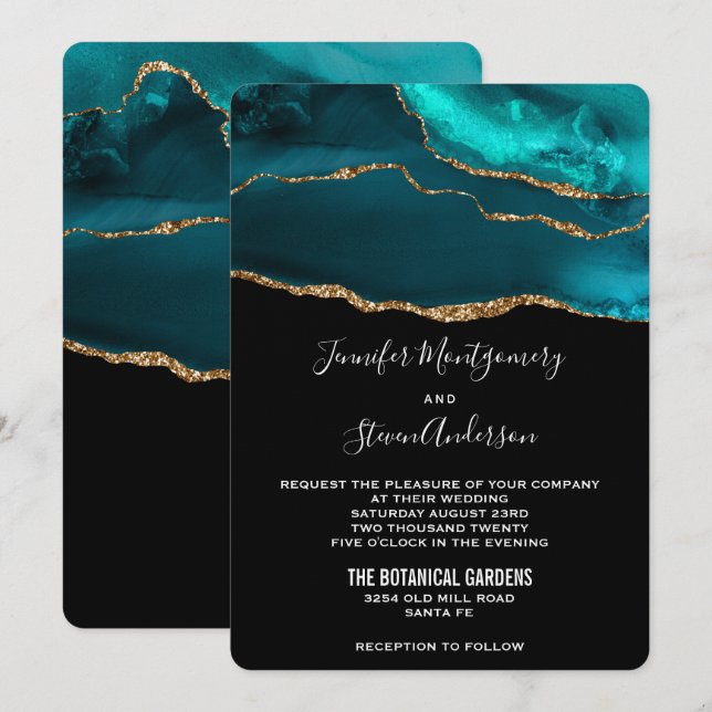 Modern Teal & Gold Agate Stone Abstract Wedding Invitation (Front/Back)