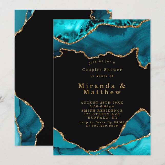 Modern Teal Gold Agate Stone Couples Shower Invite (Front/Back)