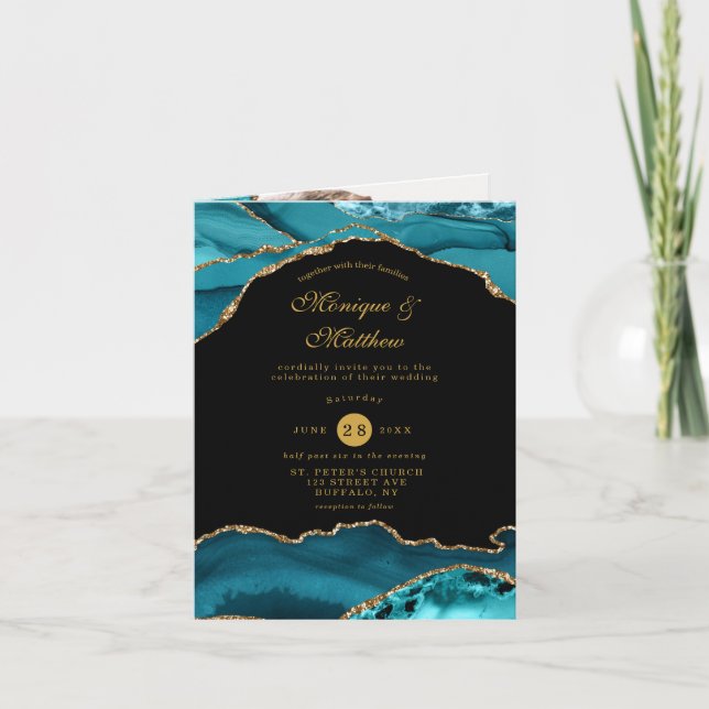 Modern Teal Gold Agate Stone Wedding Photo Invite (Front)