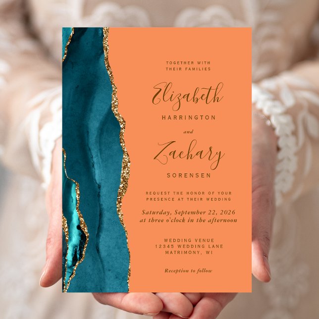 Modern Teal Gold Agate Tangerine Wedding Invitation (Creator Uploaded)