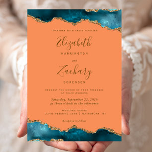 Modern Teal Gold Agate Tangerine Wedding Invitation