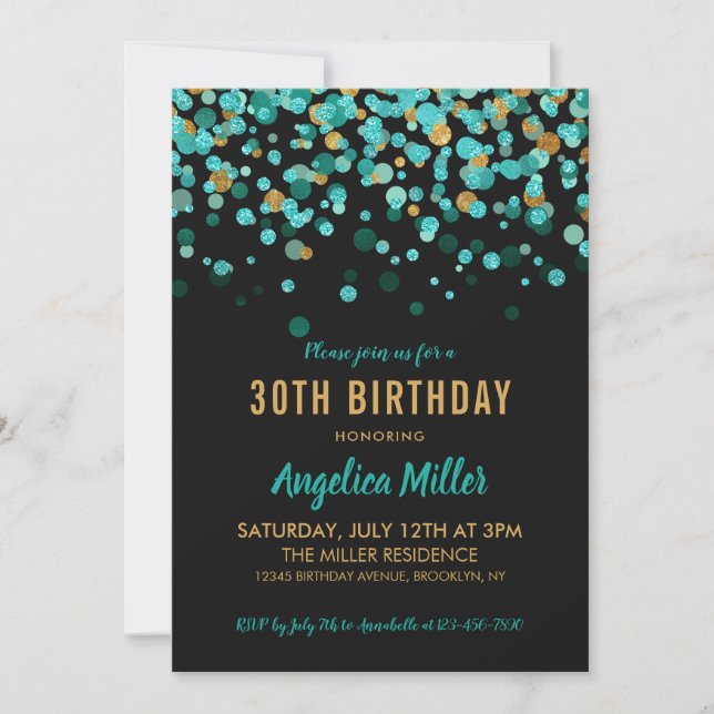 Modern Teal Gold Black Glitter Confetti Birthday Invitation (Front)