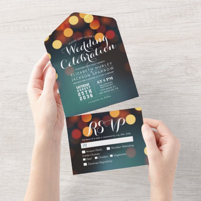 Modern Teal Gold Bokeh String Lights Wedding RSVP All In One Invitation (Tearaway)